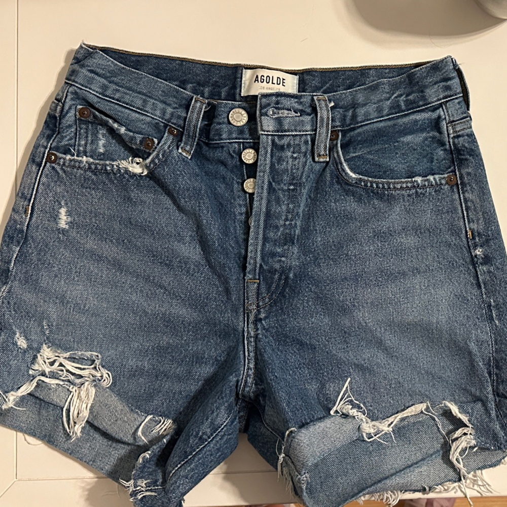 Agolde Parker Long Blue Distressed Denim Shorts